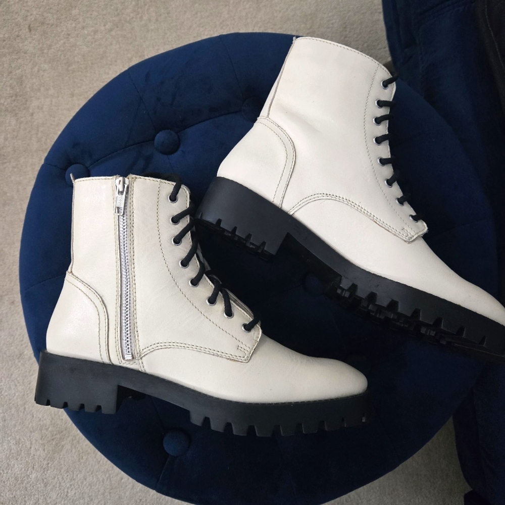 Mango Leather Off White/Cream Lace Up Boots